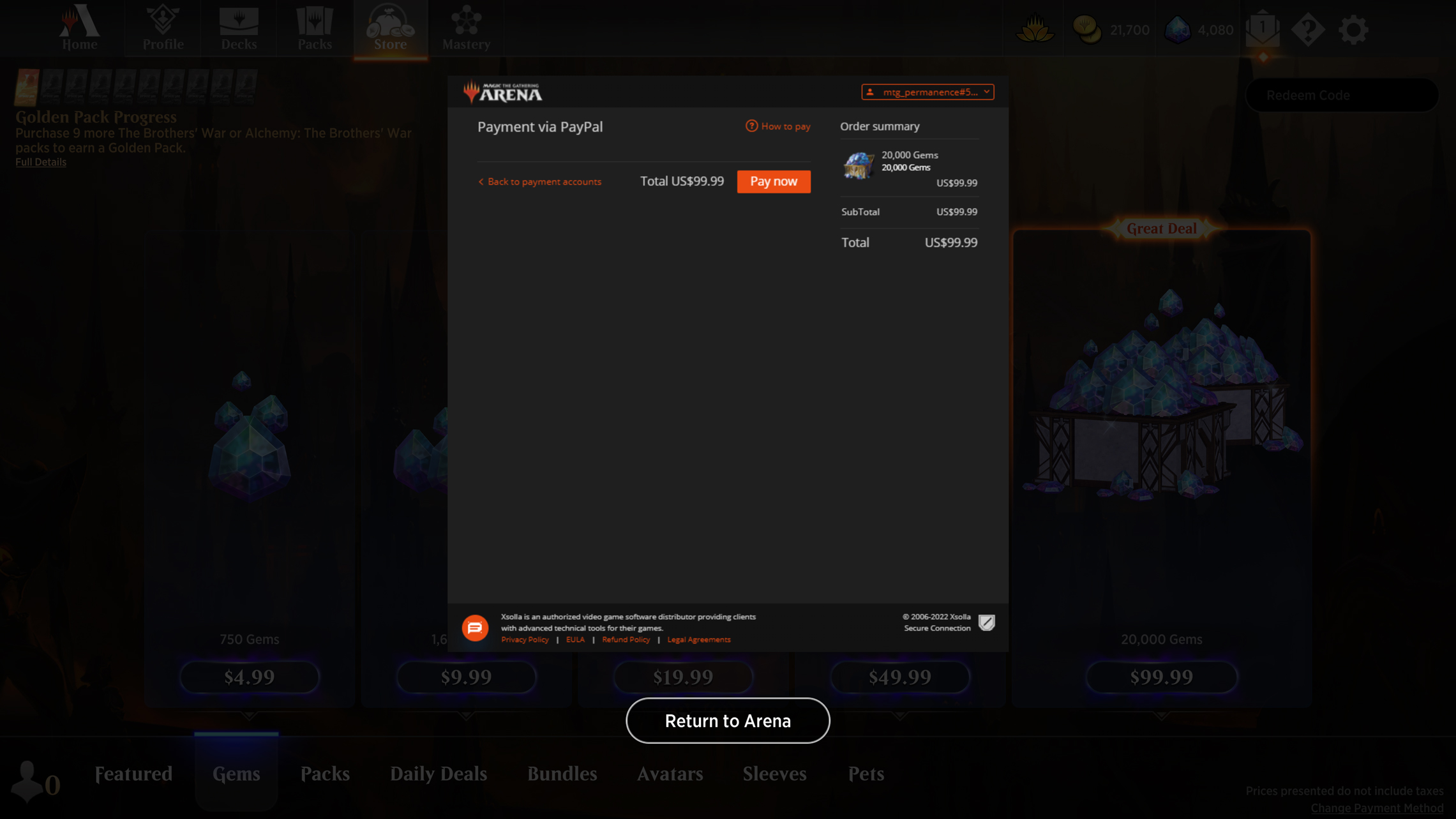 MTG Arena, Payment Confirm